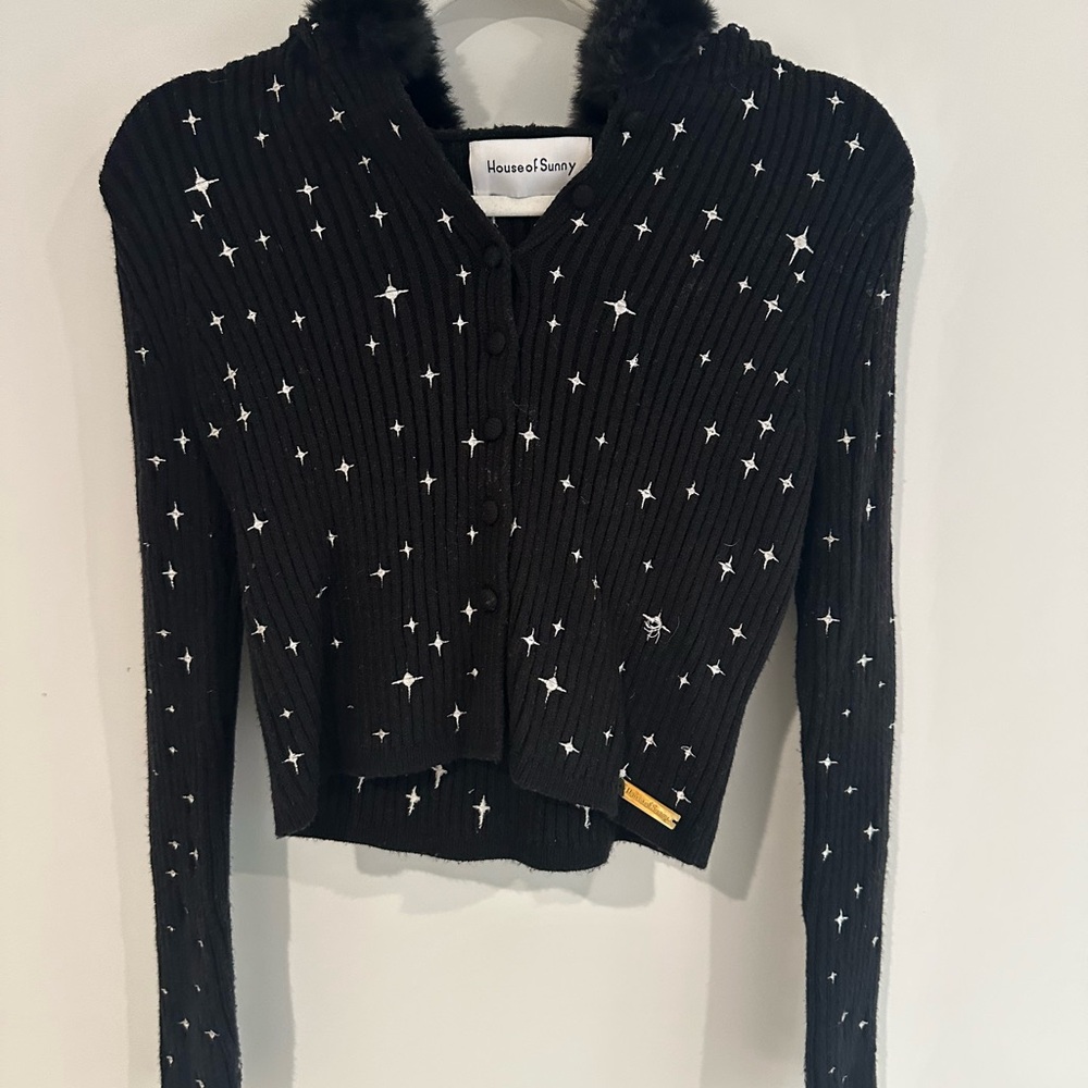 House of Sunny Cosmic Peggy Black Cardigan with White Stars & Hood